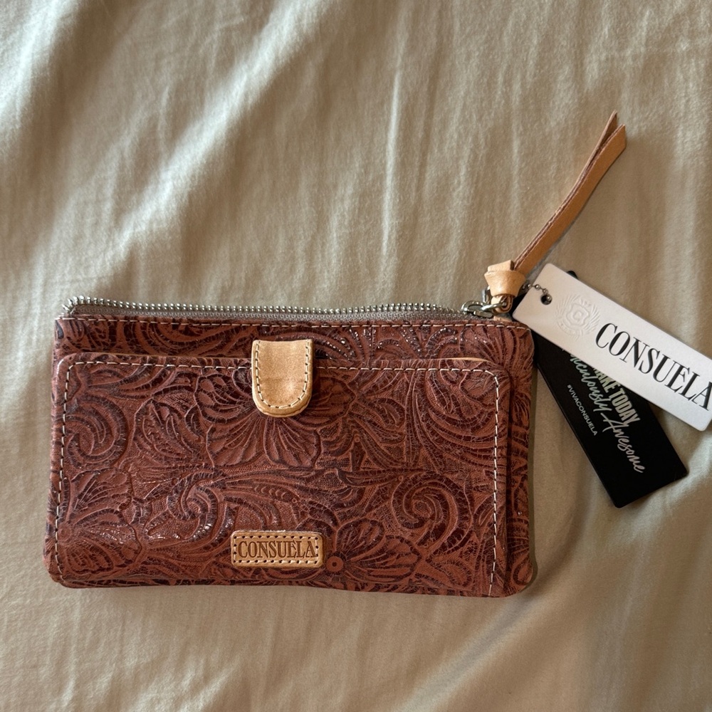 Consuela Embossed Leather Wristlet in Rich Brown